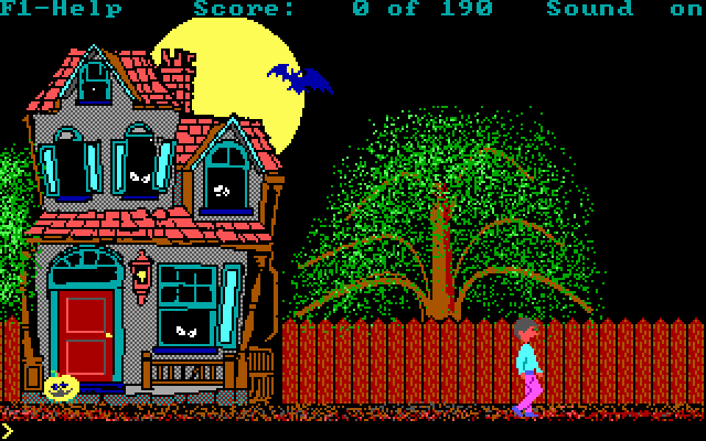screenshot from Hugo's House of Horrors, showing a man standing outside a haunted house