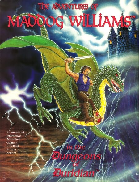 cover of The Adventures of Maddog Williams box showing a man with a sword riding on a dragon