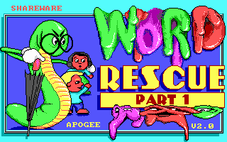 the title screen from Word Rescue, showing a worm and two kids facing off against blobs