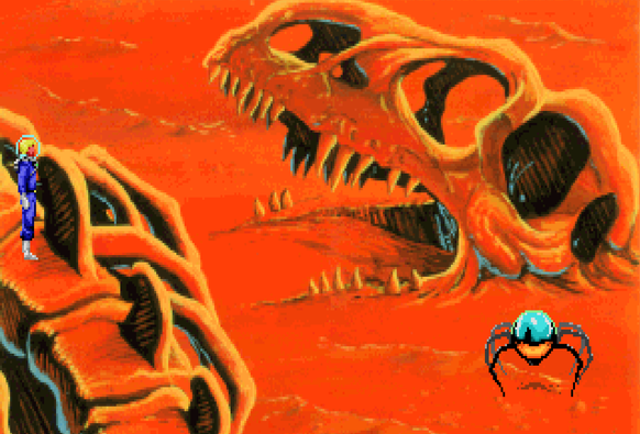 A screenshot from the Space Quest I remake. Roger Wilco is standing on a ridge looking at the Spider Droid roaming below.