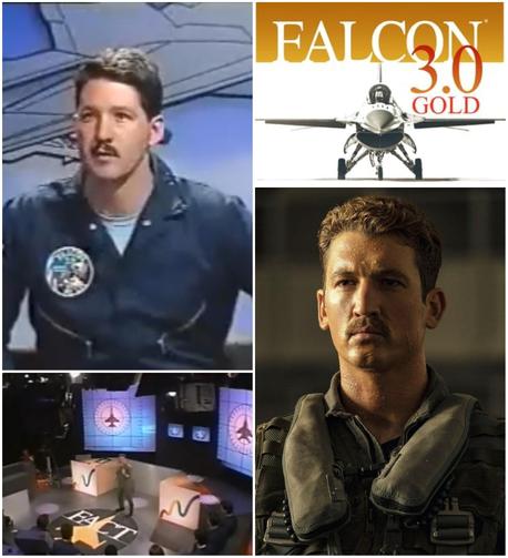 Collage comparing footage from 1991 dogfighting lecture video with a promo photo of a character from 2022 movie Top Gun: Maverick.