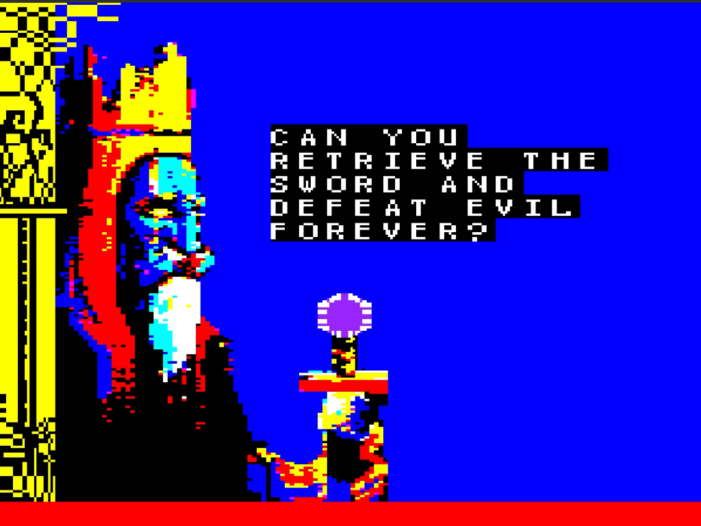 pixel art of a king saying "can you retrieve the sword and defeat evil forever?"