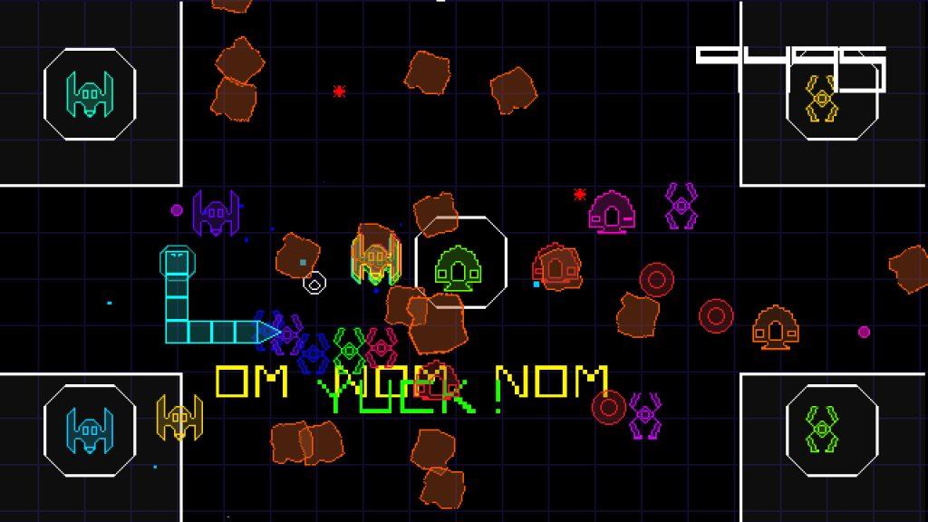 top down view of a snake in space and asteroids and space ships