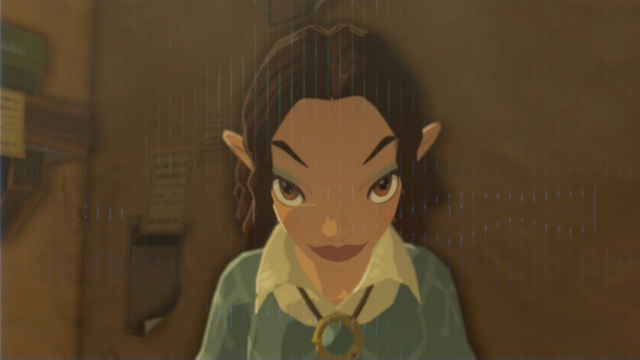 an intense picture of a woman with her head pointed down and eyes looking up at the camera in the center of the frame. She has shoulder-length brown hair parted down the center and large elvish ears. She has a white collared shirt under a blue dress with a blue-gemmed pendant. 